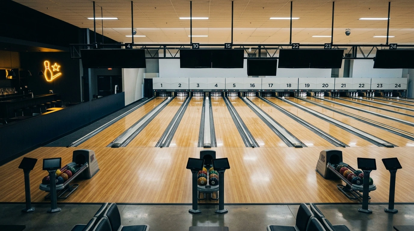 Pistes de bowling éclairées avant l’ouverture, vue depuis la zone de lancer