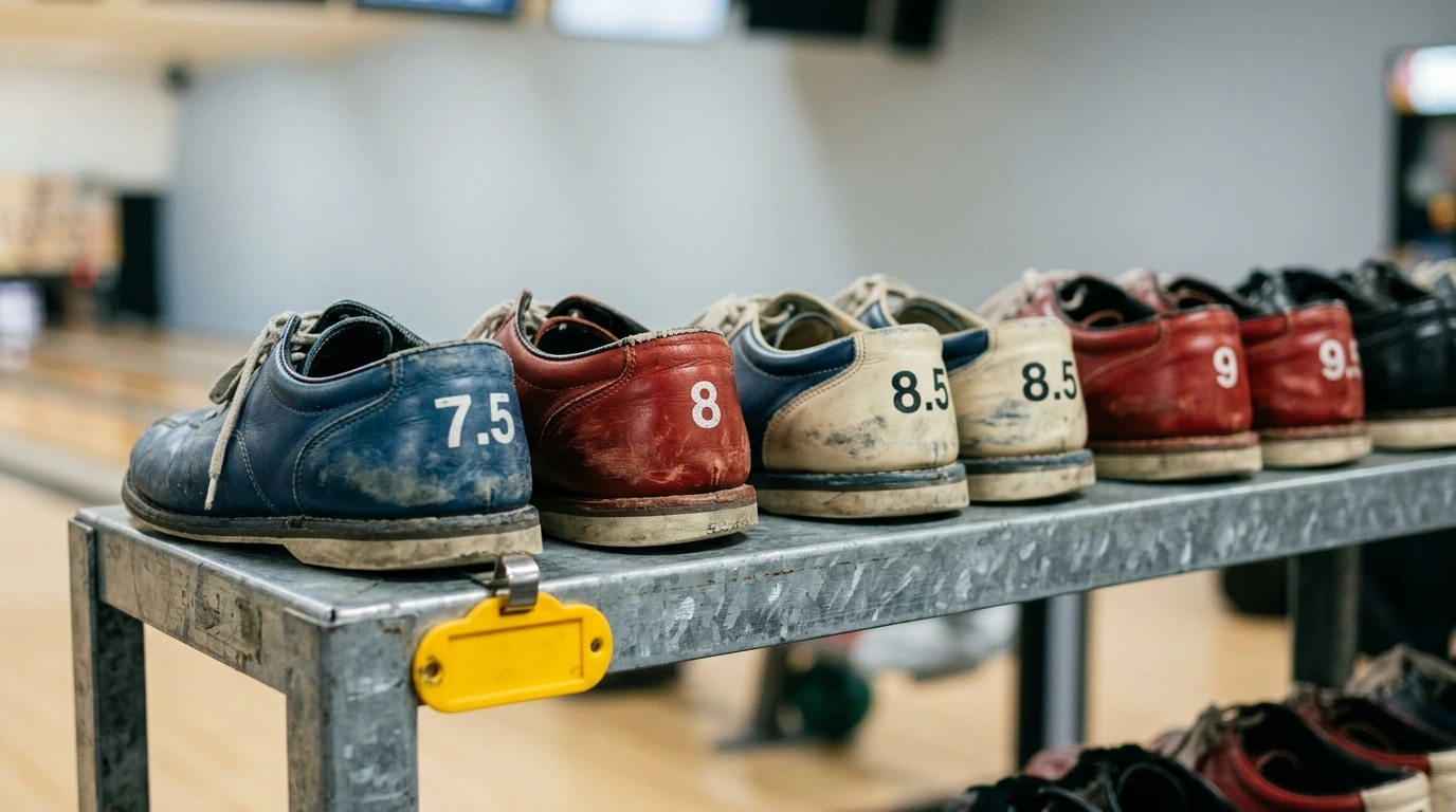 Rangée de chaussures de bowling de location alignées sur une étagère numérotée