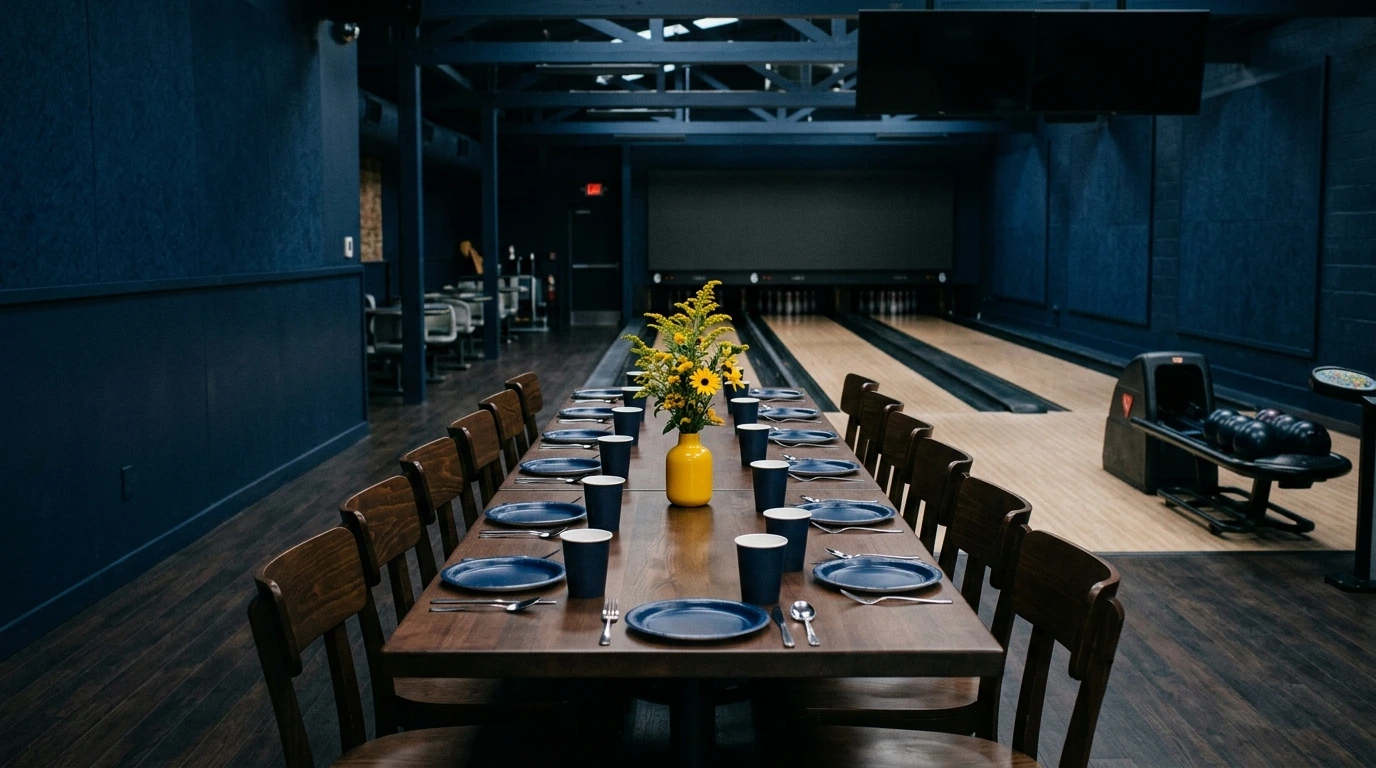 Table de groupe dressée près d’une piste de bowling, avant l’arrivée des joueurs