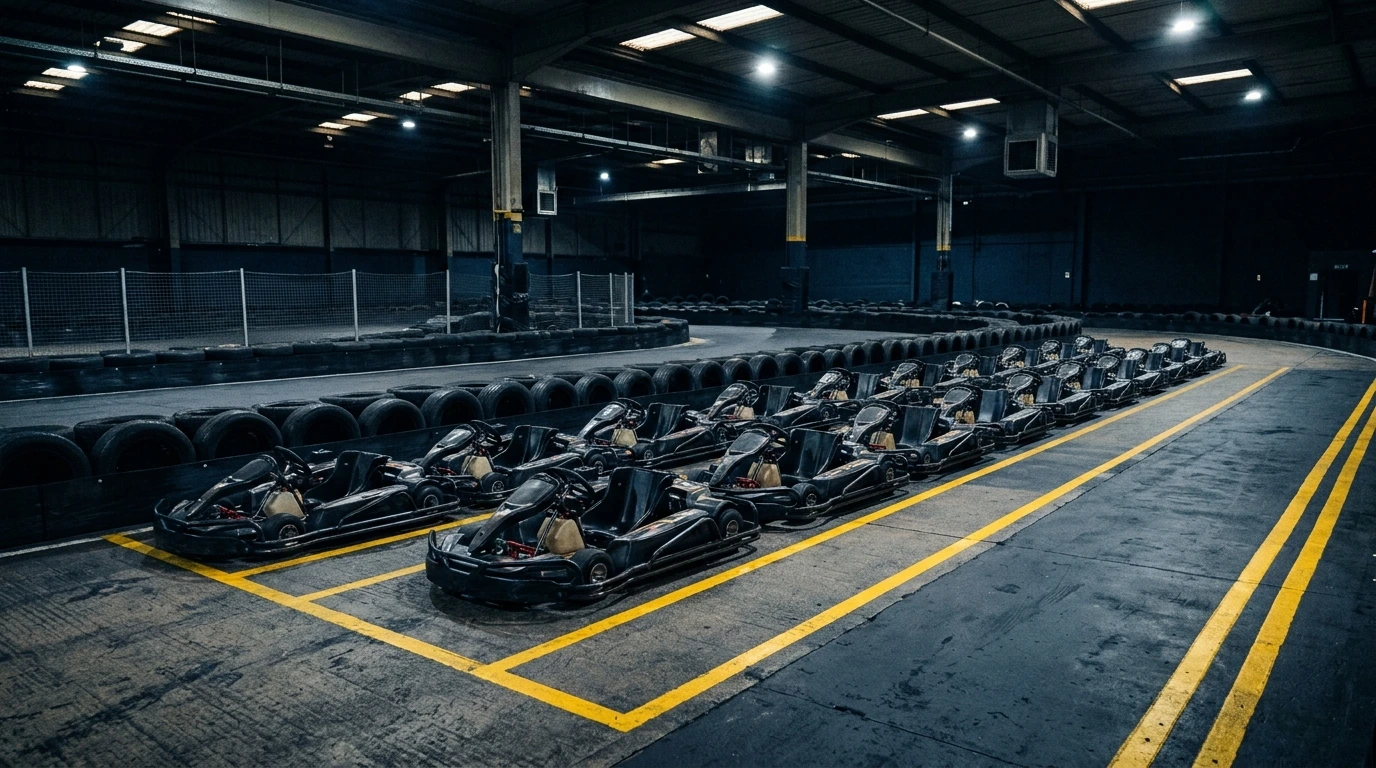 Karts alignés dans la voie des stands d’un circuit indoor, avant une session