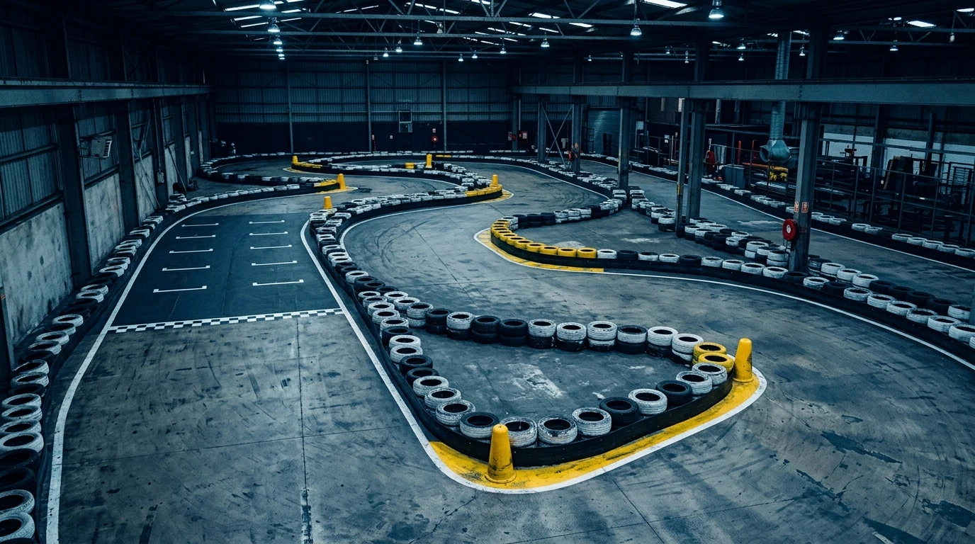 Tracé d’un circuit de karting couvert vu depuis la passerelle