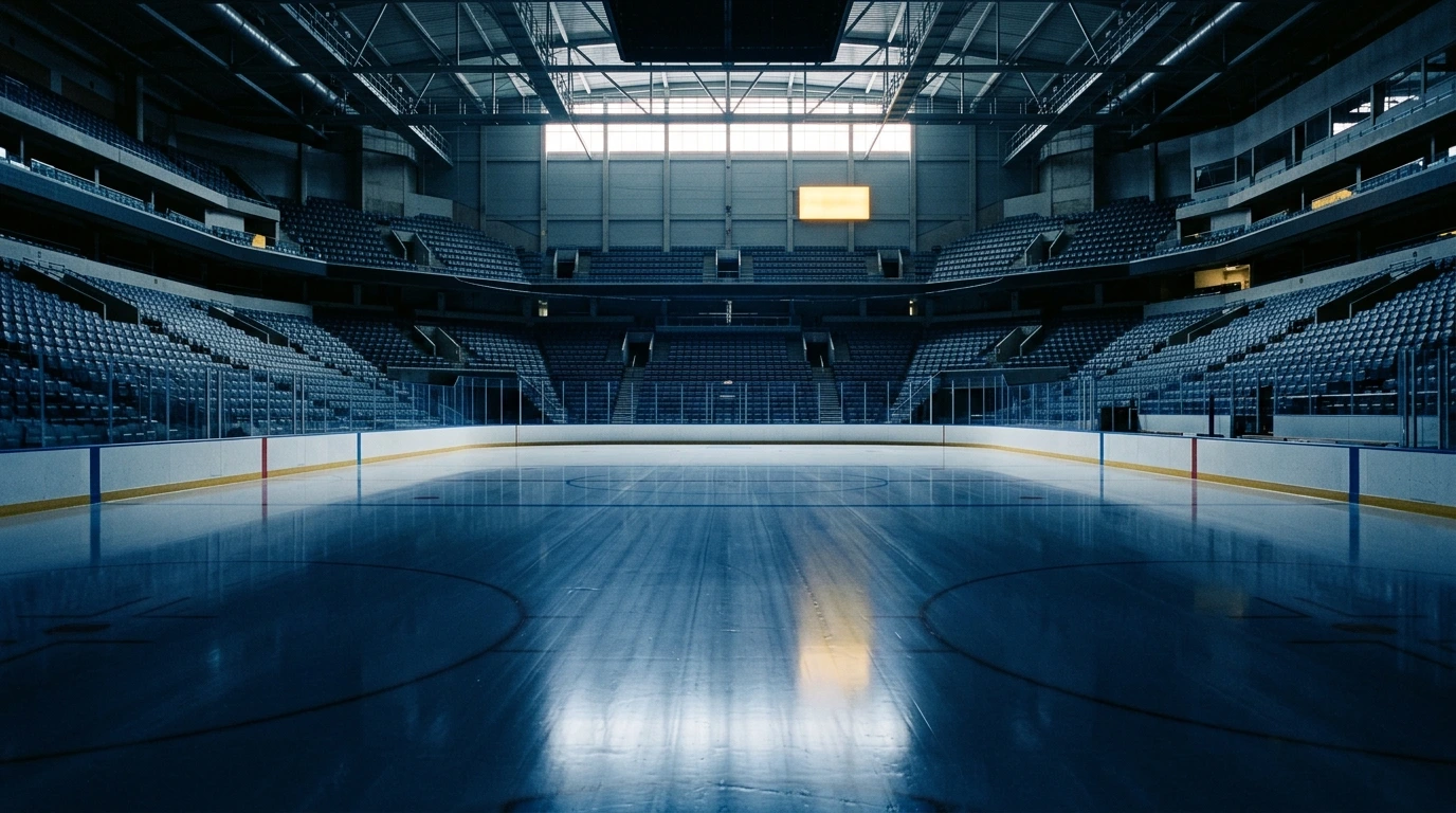 Glace fraîchement surfacée d’une patinoire couverte, avant la séance publique