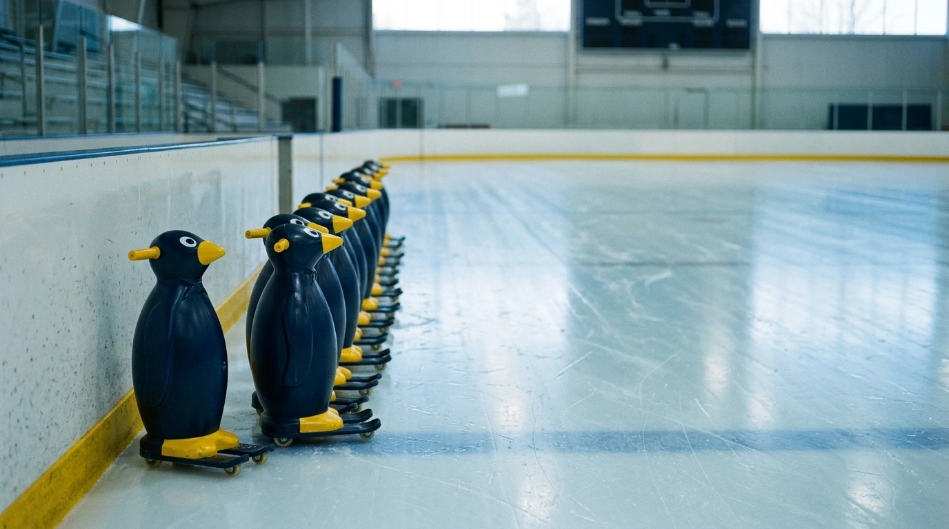 Aides à la glisse alignées au bord de la piste d’une patinoire