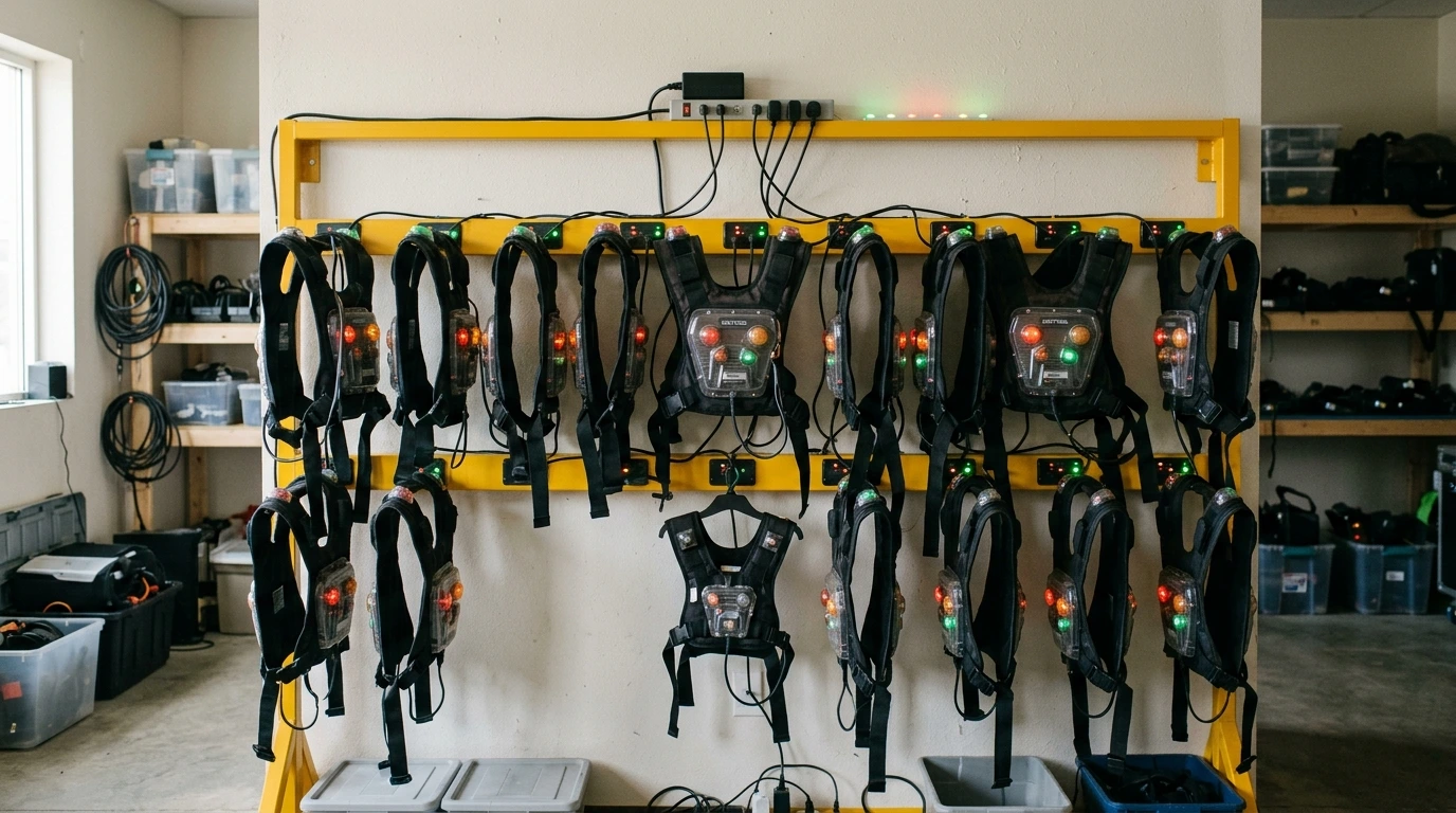 Gilets de laser game suspendus au râtelier de la salle d’équipement