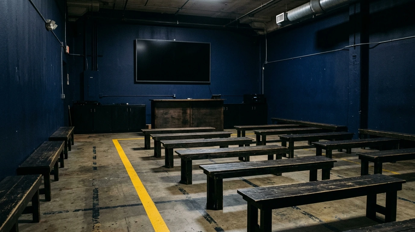 Salle de briefing d’un laser game, bancs et écran de scores éteint