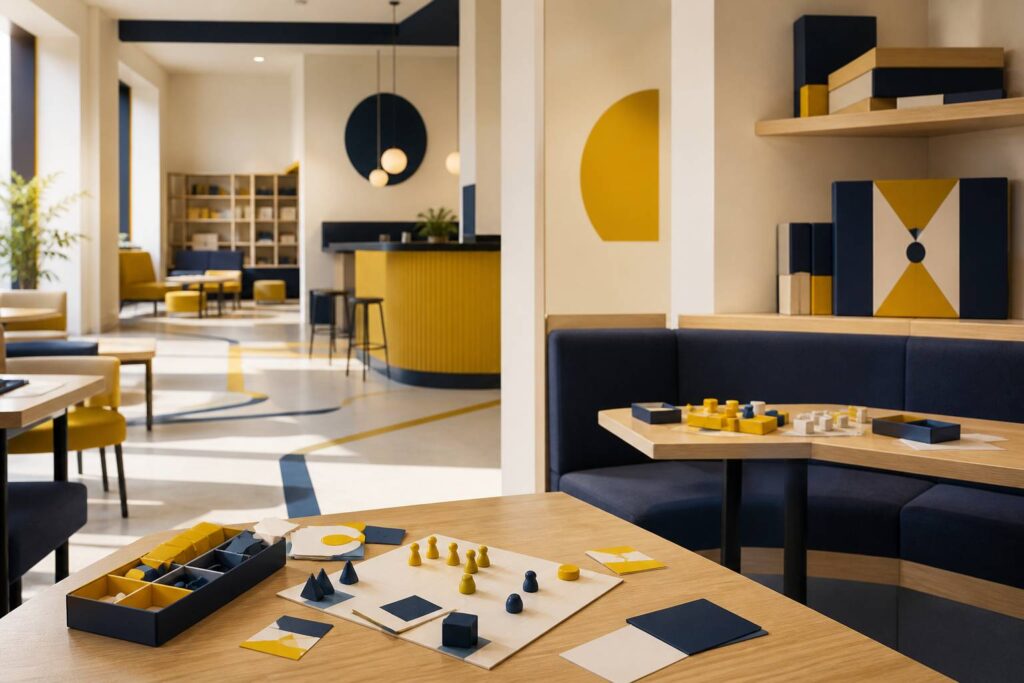 Salle de bar à jeux avec tables de jeux de société, banquettes et éclairage chaleureux