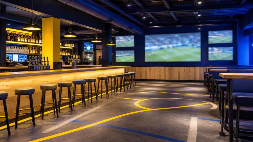 Intérieur générique d'un bar sportif avec écrans allumés, comptoir en bois et tabourets alignés