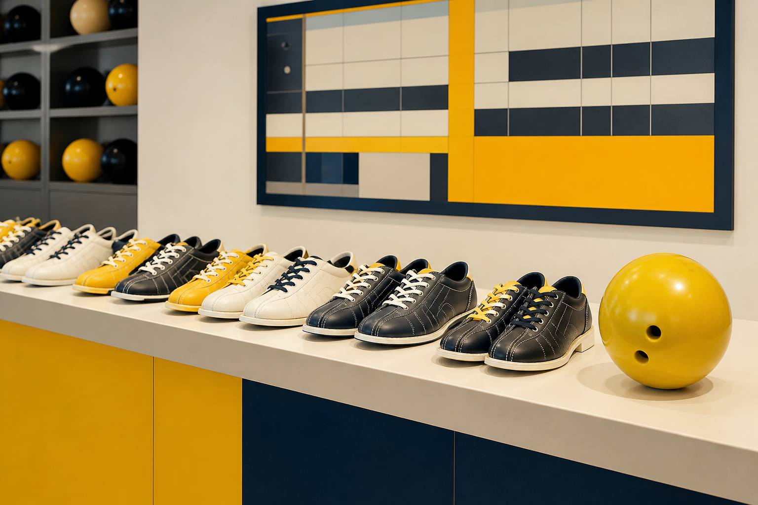 Comptoir de bowling avec des chaussures de location et une boule