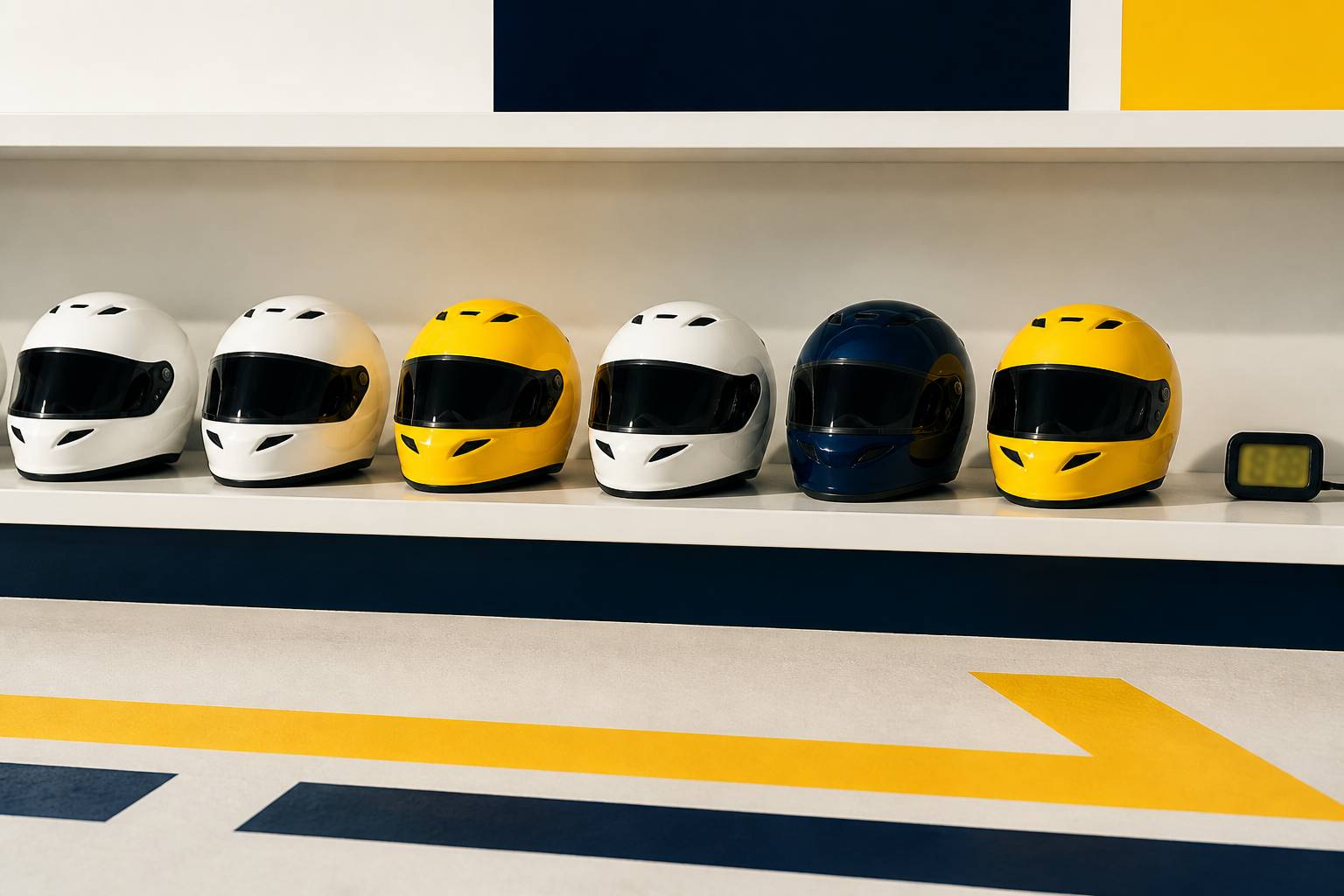 Casques de karting alignés sur une étagère avec un chronomètre
