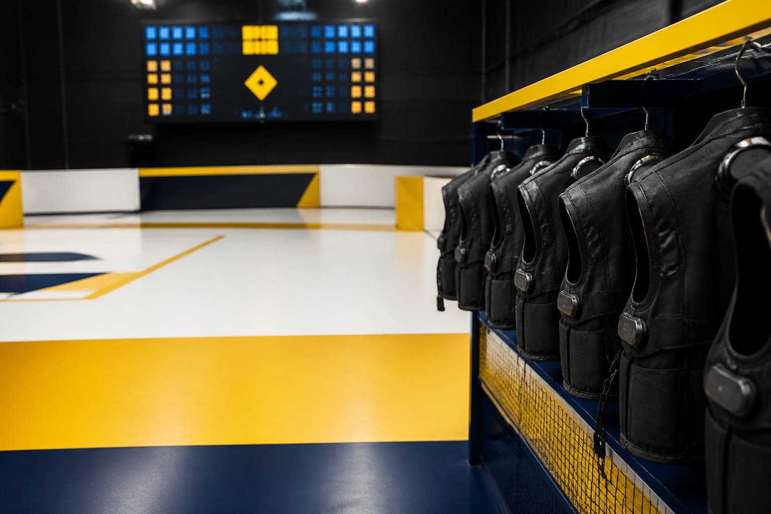 Zone de jeu de laser game avec des vestes à capteurs accrochées et un écran de scores