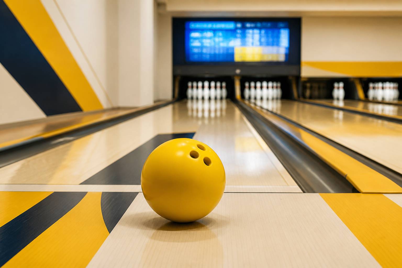 Boule de bowling sur la piste avec un écran de scores aux chiffres illisibles