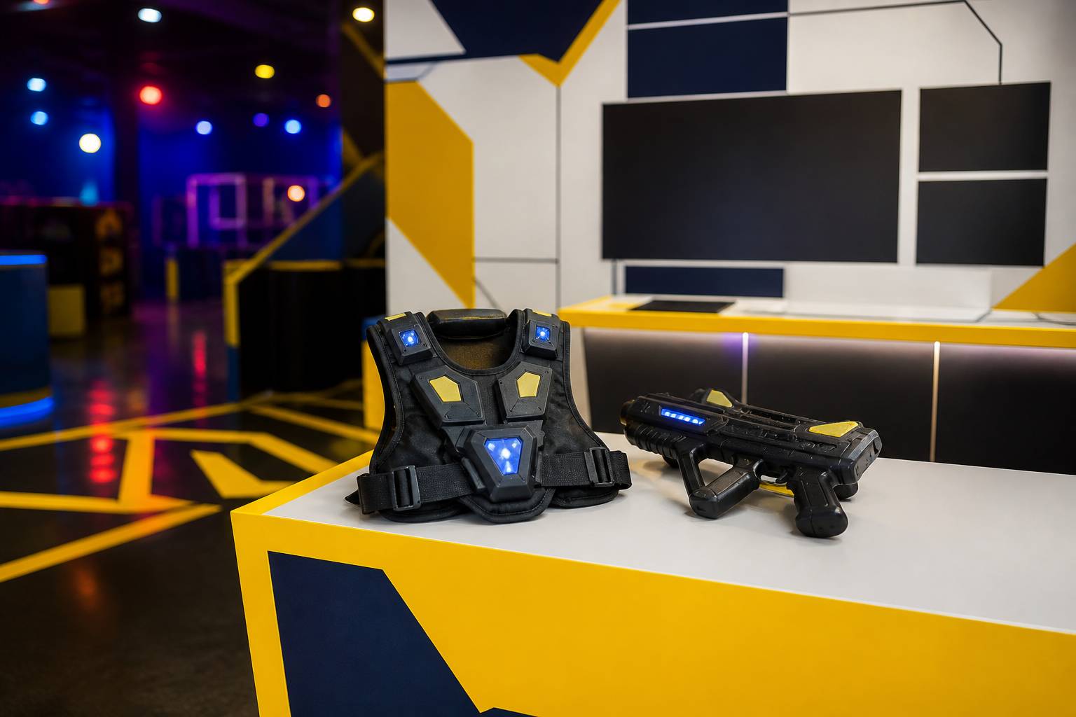 Équipement de laser game — gilet à capteurs et pistolet — sur un comptoir lumineux