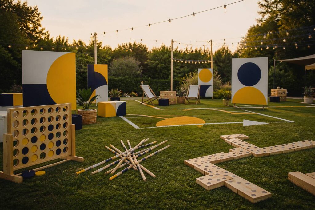 Jeux en bois géants — puissance 4, mikado et dominos — installés sur une pelouse d'événement