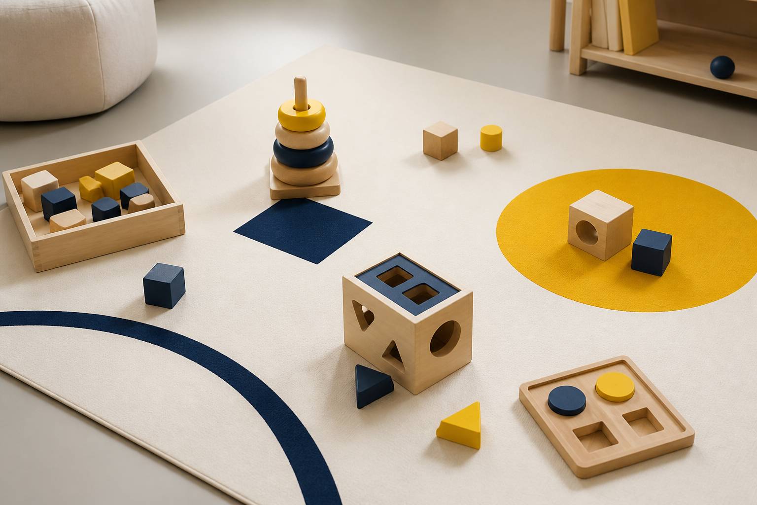 Jeux d'éveil en bois pour tout-petits — cubes à empiler, anneaux et formes à encastrer — sur un tapis