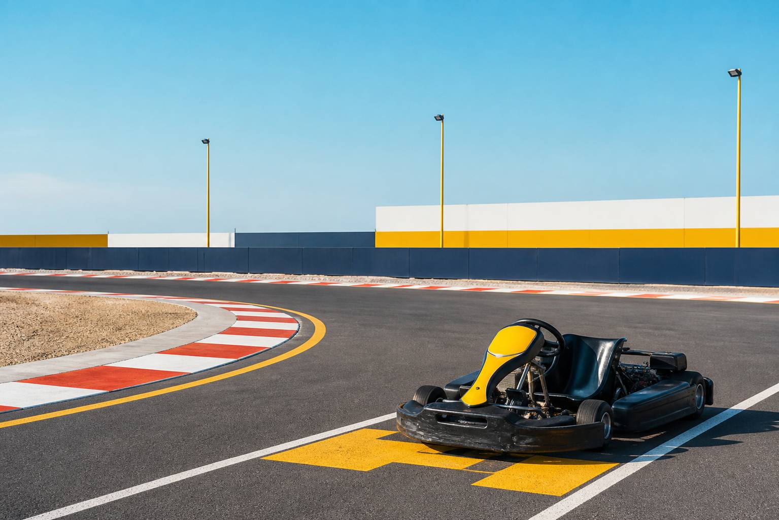 Piste de karting extérieure avec des vibreurs et un ciel dégagé