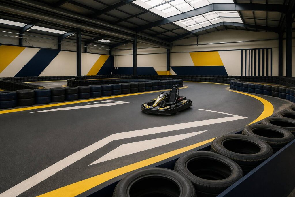 Kart de location sur une piste couverte aux murs de pneus