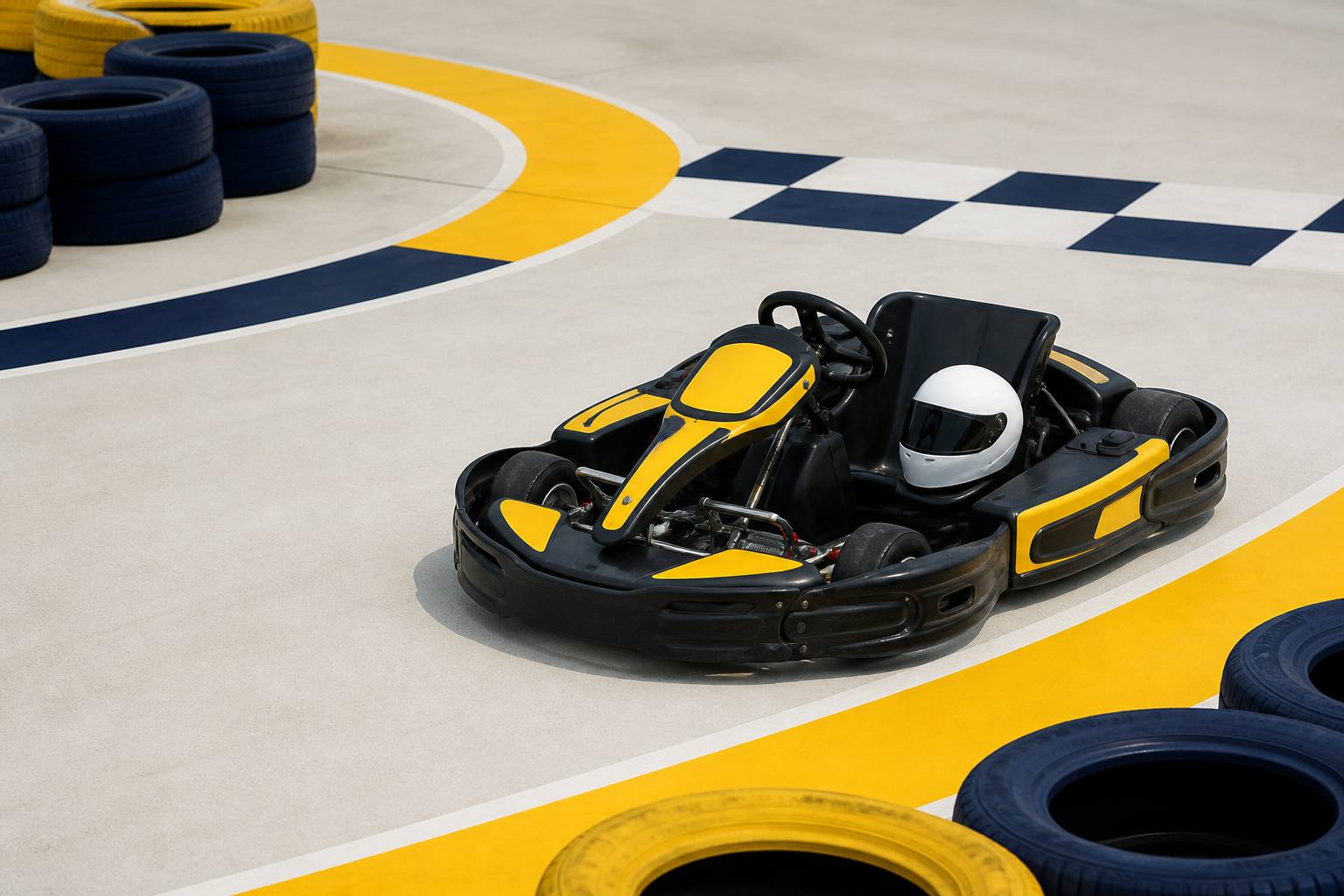 Kart de location sur la piste avec un casque posé sur le siège