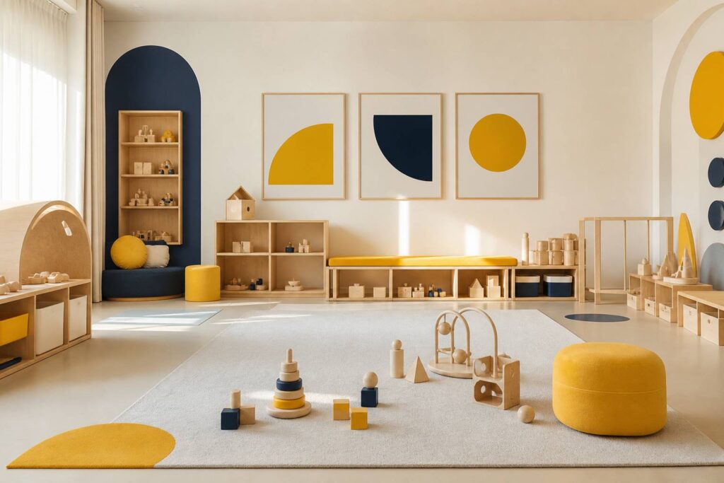 Espace ludothèque 0-3 ans avec tapis, jouets d'éveil en bois et petits mobiliers colorés