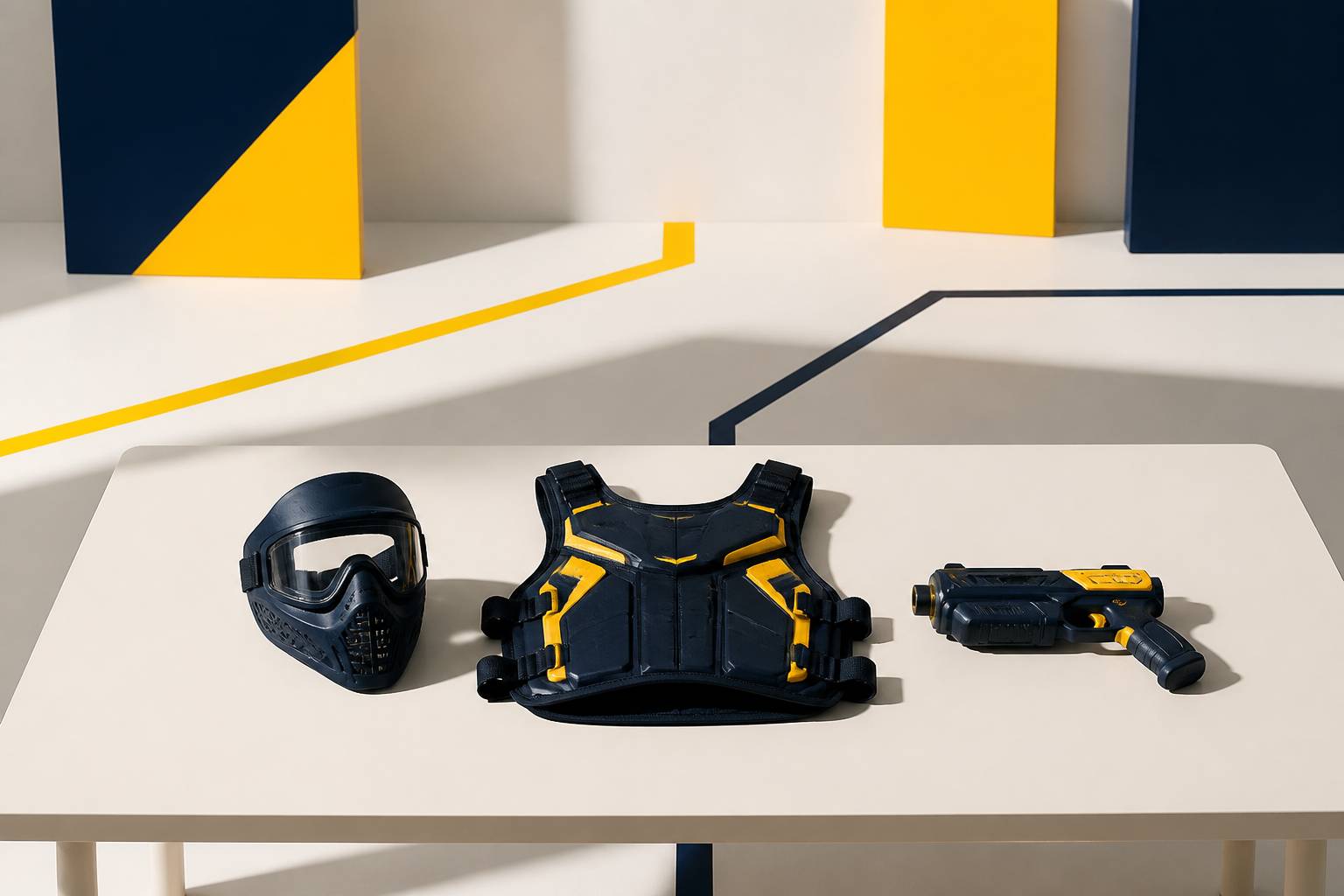 Comparatif d'équipement — masque de paintball et gilet de laser game — sur une table