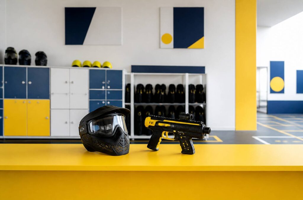 Masque de paintball et pistolet laser côte à côte sur un comptoir de salle de loisirs