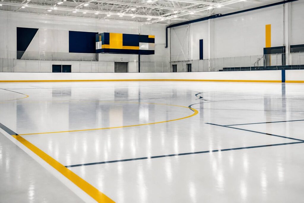 Patinoire couverte éclairée aux néons avec la glace brillante et des rambardes