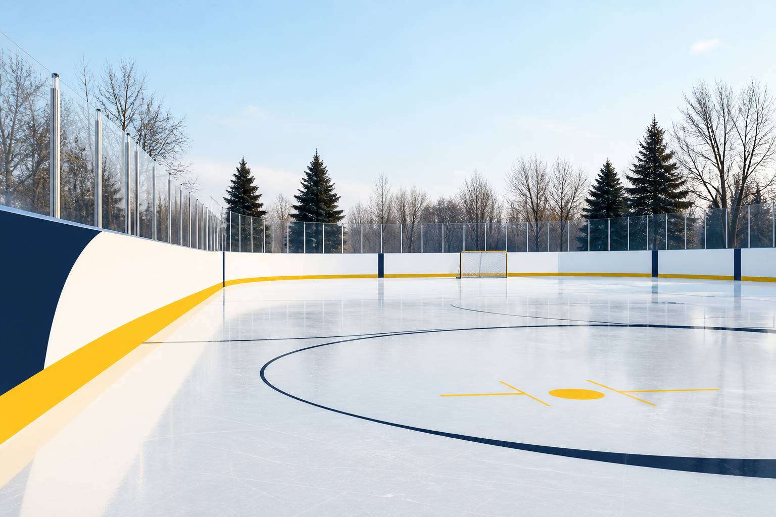 Patinoire extérieure en plein air avec la glace qui brille sous un ciel clair