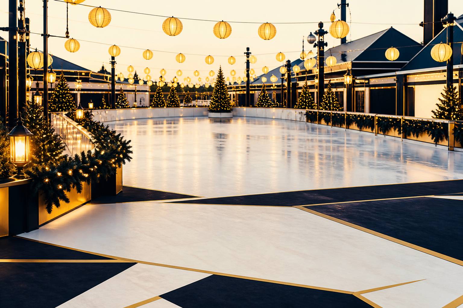 Patinoire de Noël avec des lampions et un décor hivernal festif