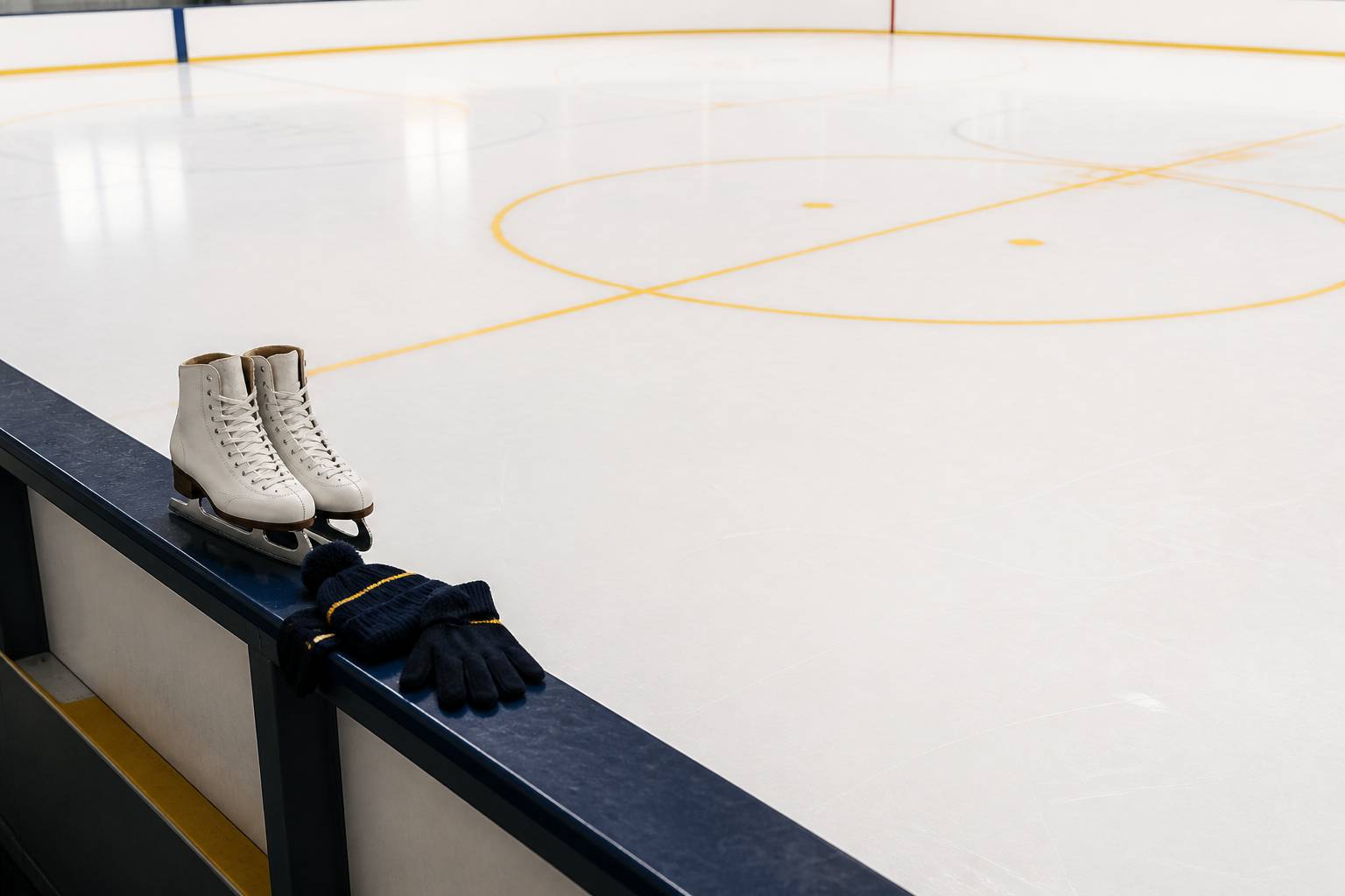 Patins à glace posés sur la glace avec des gants et un bonnet à côté