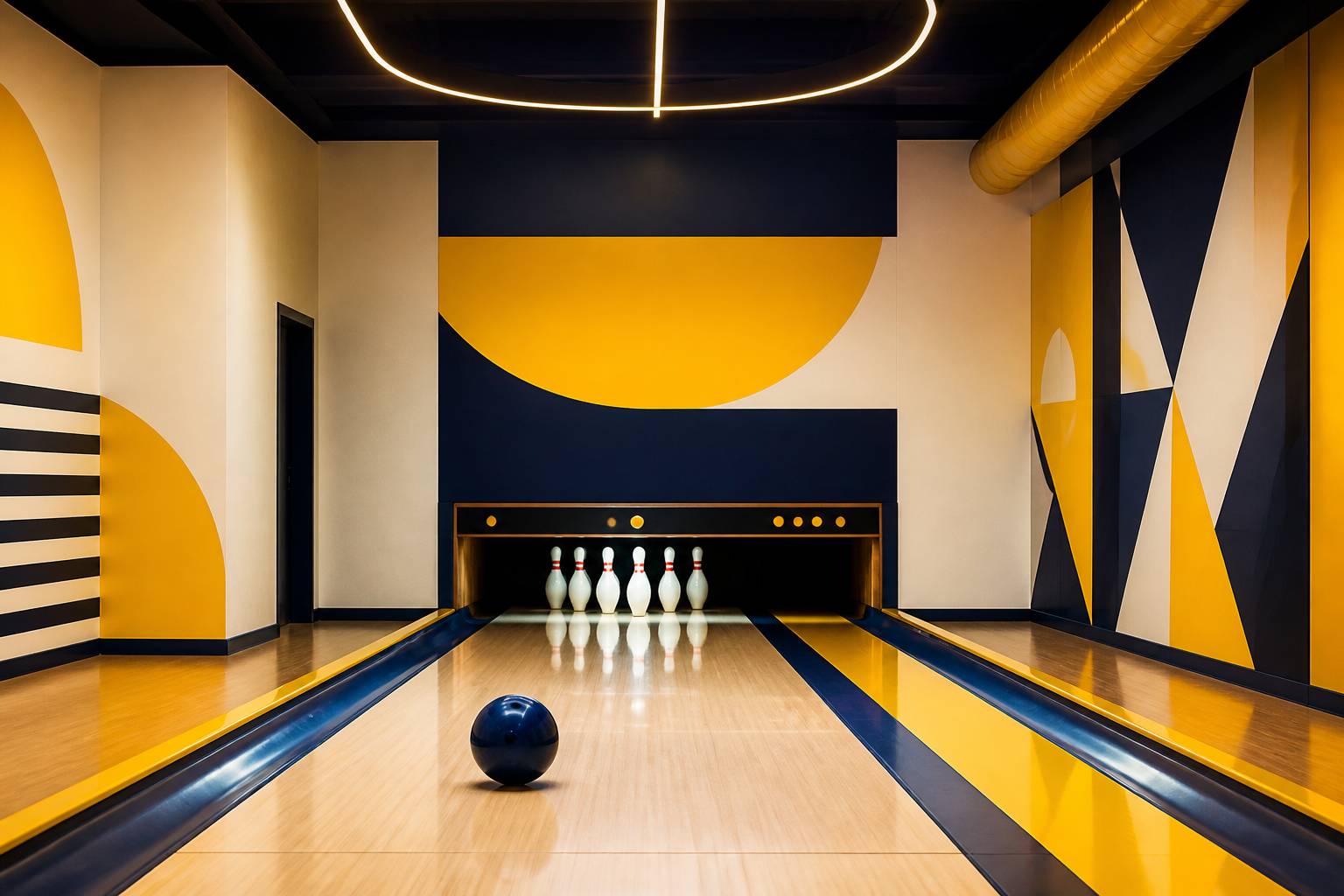 Quilles et boule de bowling sur une piste éclairée aux néons
