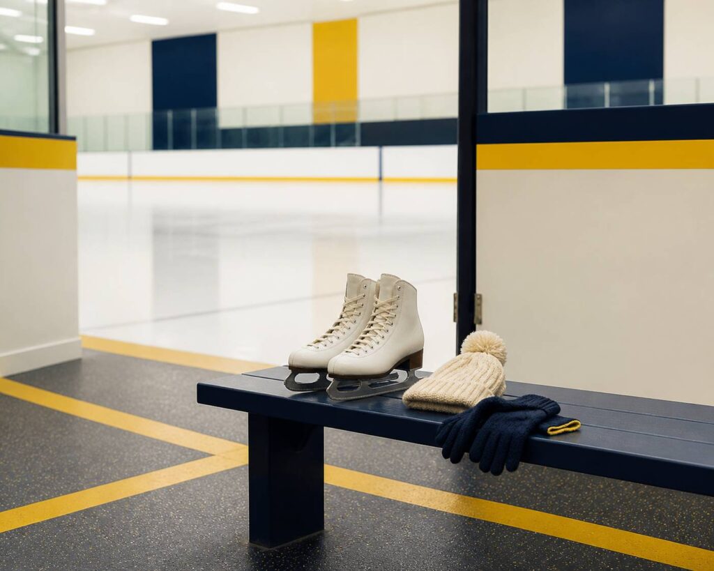 Paire de patins à glace aux lacets serrés posée sur un banc de patinoire