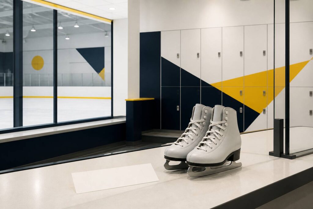Guichet de patinoire avec un billet et des patins de location à la consigne