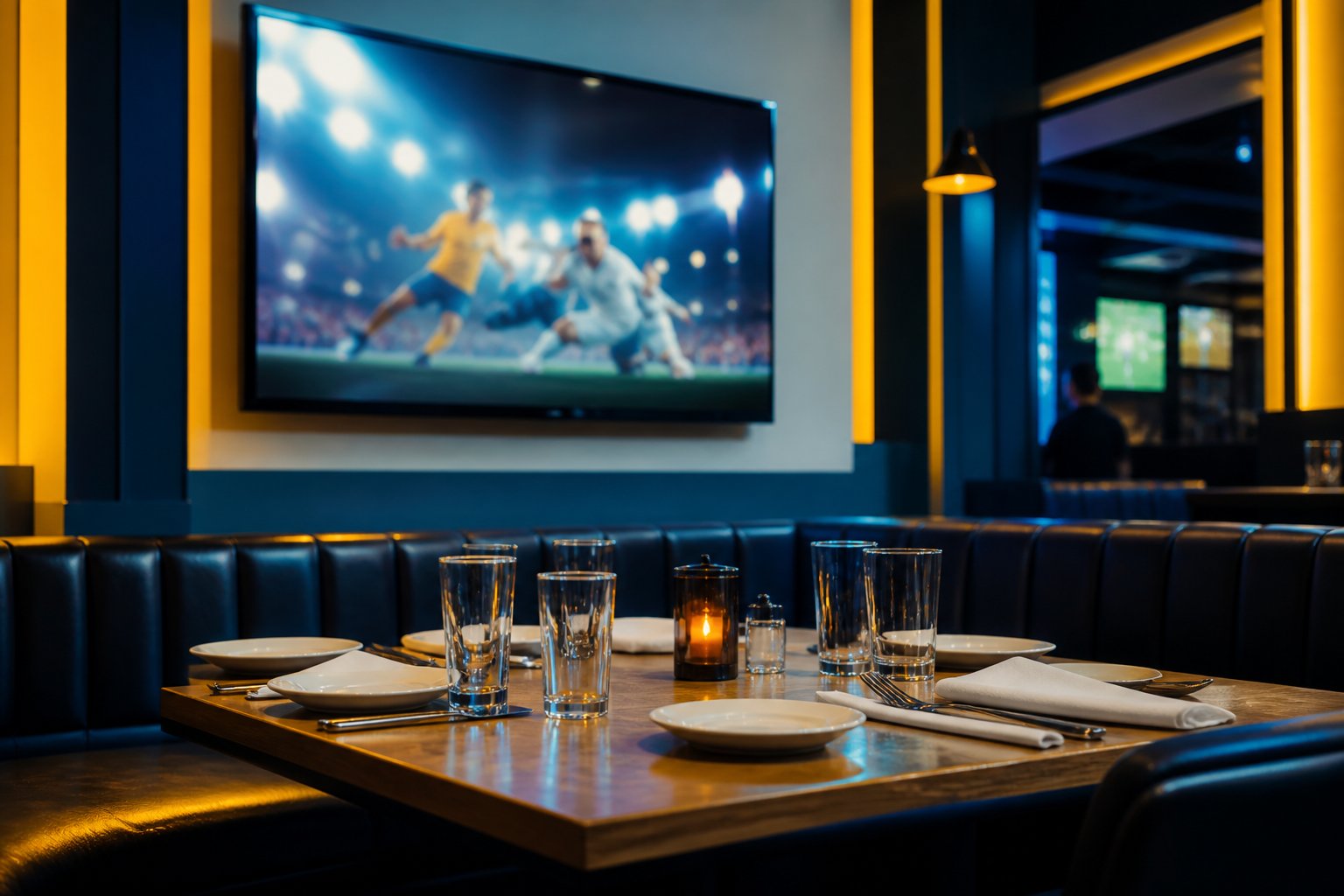 Table de restaurant de bar sportif avec verres et assiettes devant un écran mural allumé