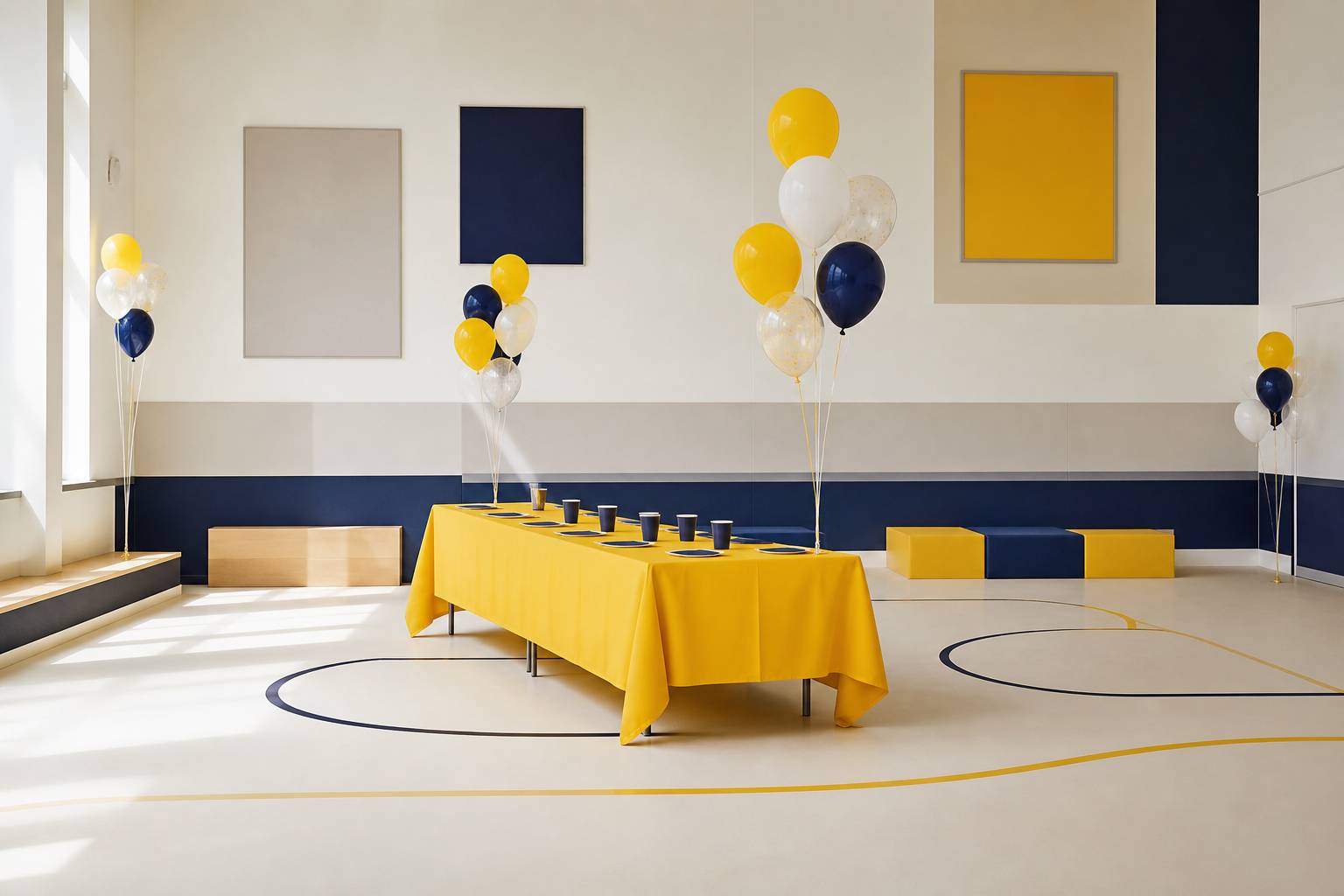 Table de fête avec gobelets et ballons devant un décor de laser game