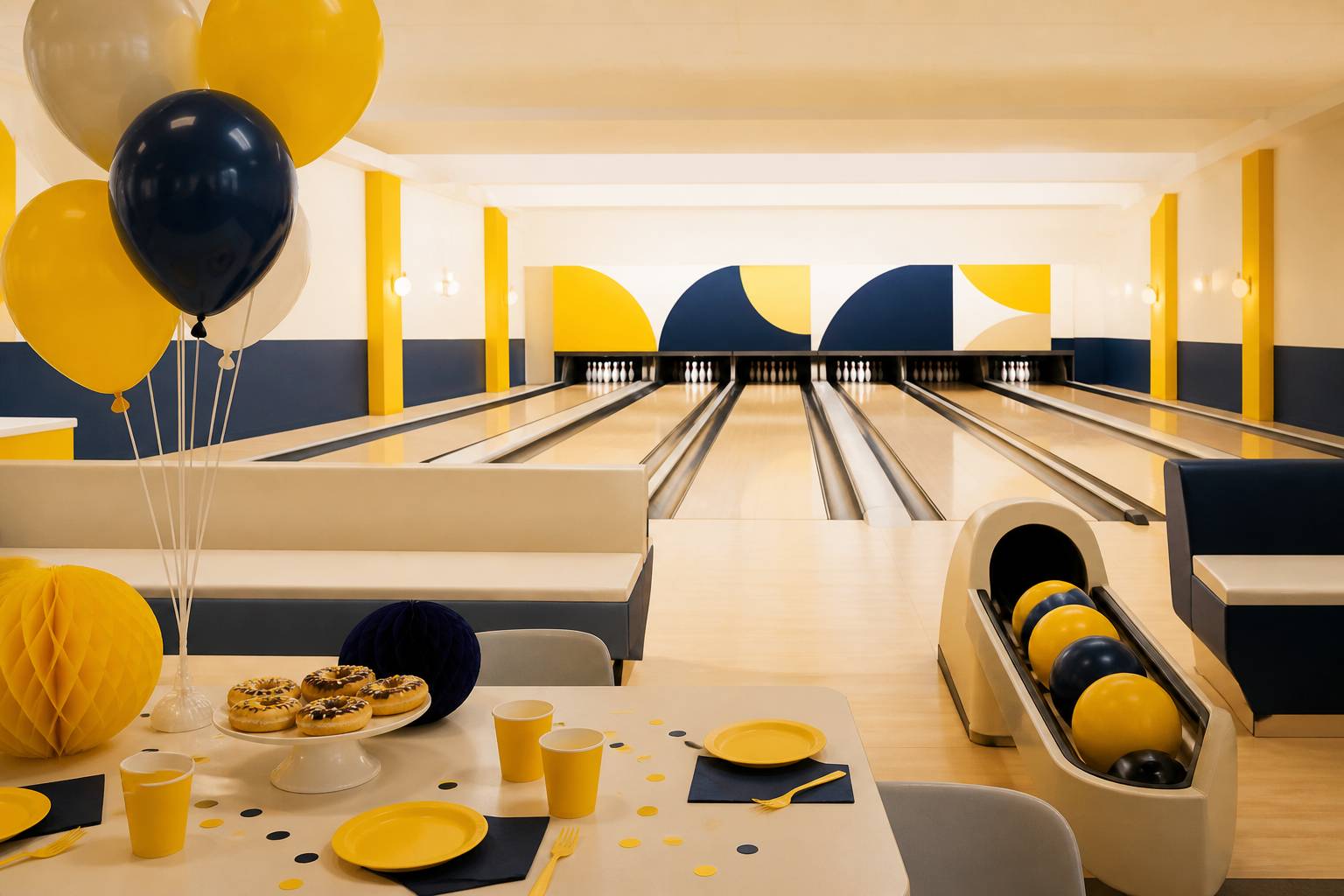 Table de fête avec ballons devant des pistes de bowling