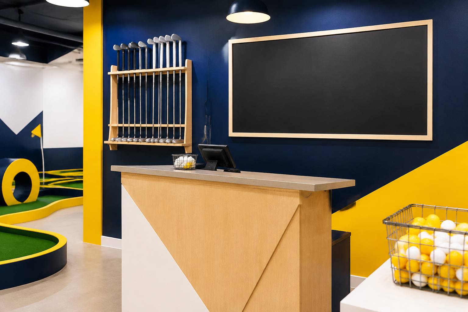 Comptoir d'accueil d'un mini-golf indoor avec clubs rangés et boules jaunes dans une corbeille