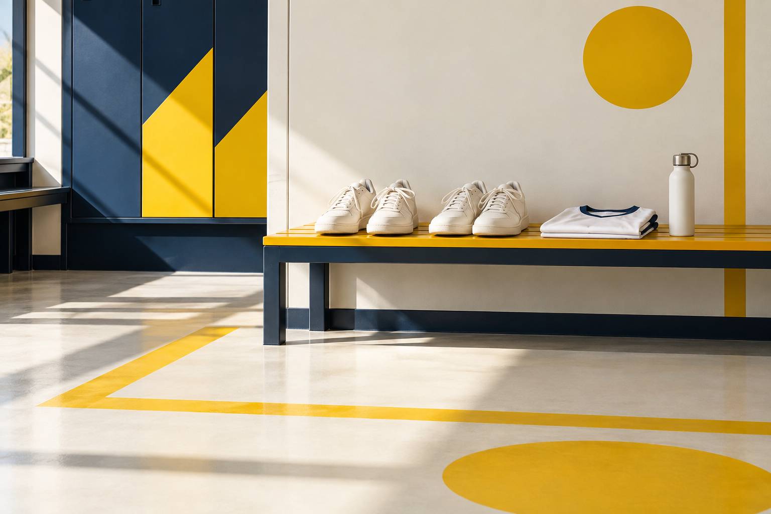 Baskets de sport génériques alignées dans un vestiaire avec serviette et bouteille d'eau