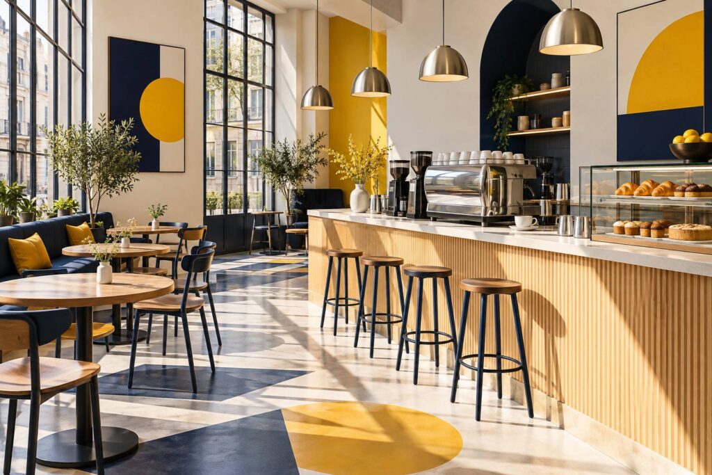 Comptoir de coffee shop parisien avec machine à espresso et tasse