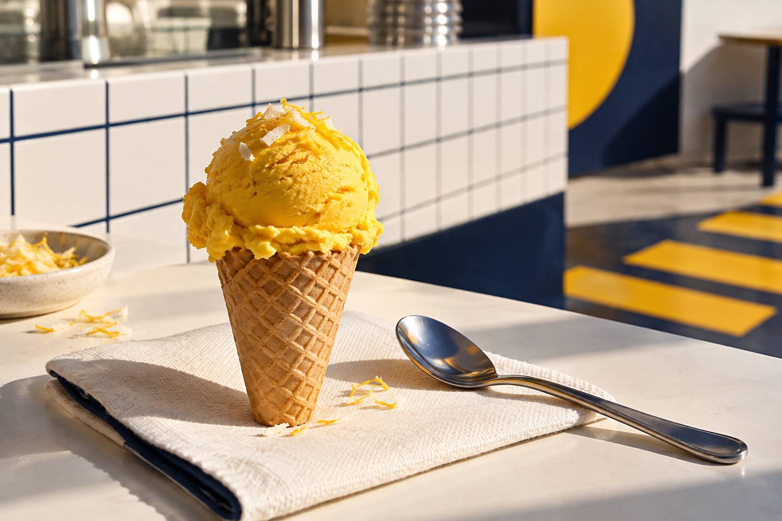 Détail d'un cornet de glace artisanale avec une cuillère en inox