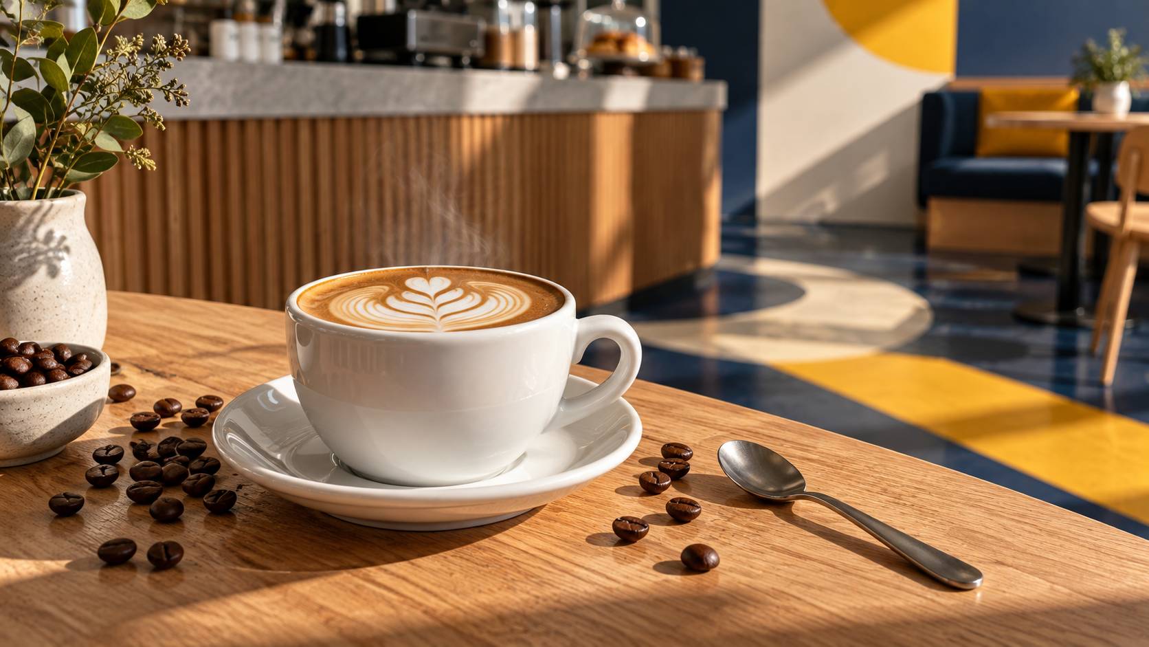 Détail d'un latte art dans une tasse avec grains de café