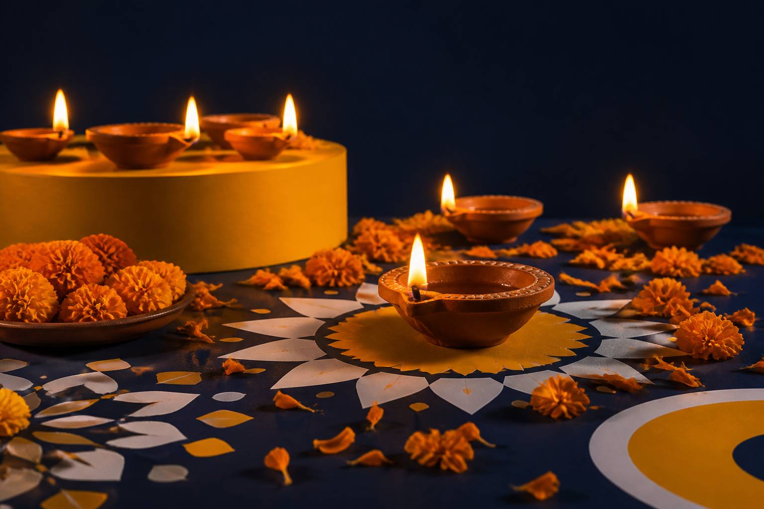Diyas allumées posées sur une table avec pétales de souci et motifs rangoli, ambiance festive