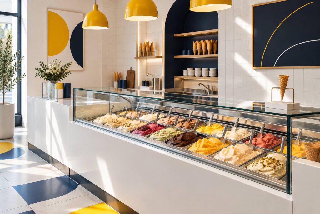 Comptoir de glacier artisanal avec bacs de glaces sous vitrine