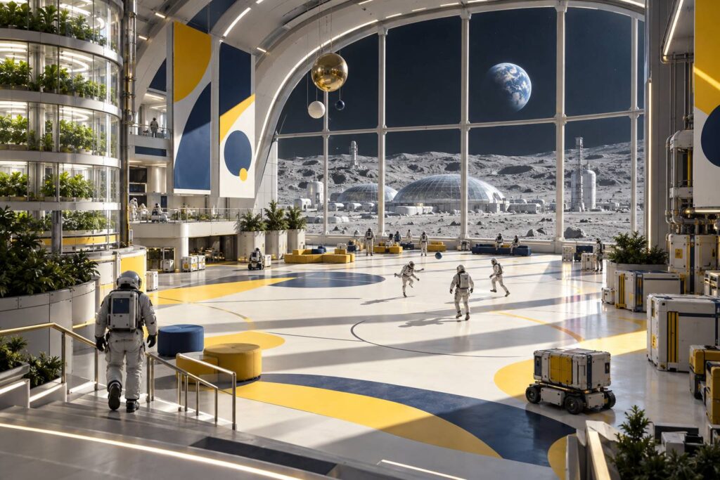 Illustration éditoriale du sujet : La Cité Lunaire : Voyage au Cœur de la Ville sur la Lune