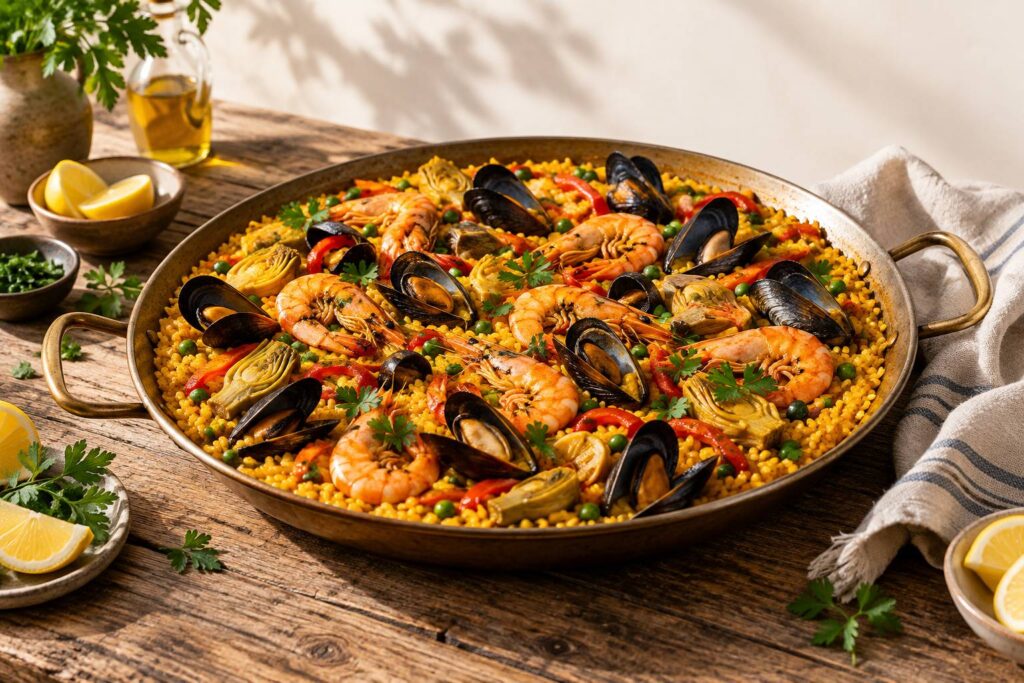 Grande poêle de paella au riz safrané avec fruits de mer et quartiers de citron