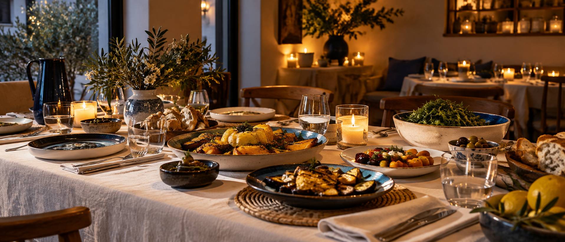 Table de restaurant conviviale dressée avec assiettes, verres et bougies