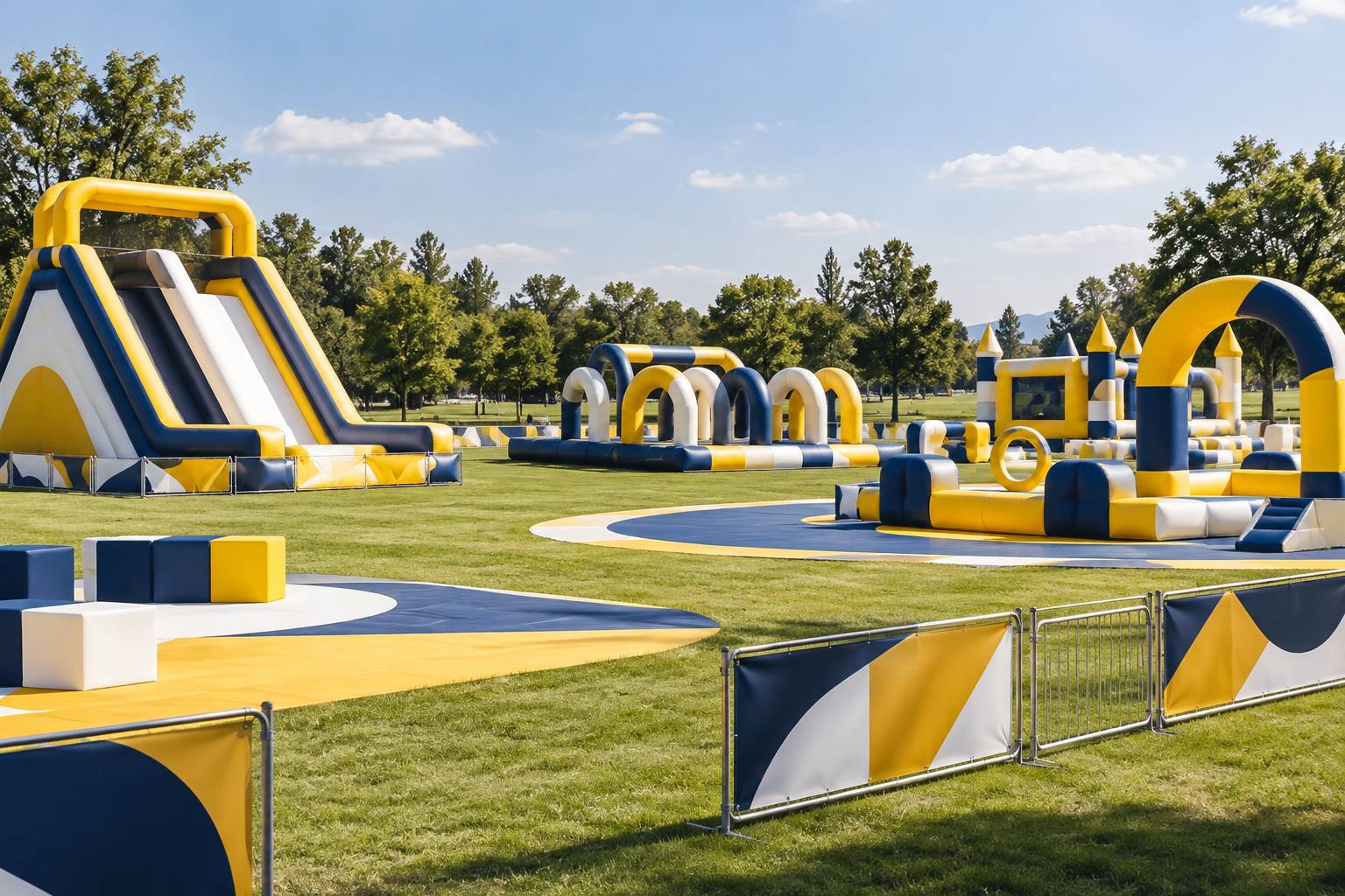 Chateaux gonflables colores et toboggan dans un parc de loisirs familial
