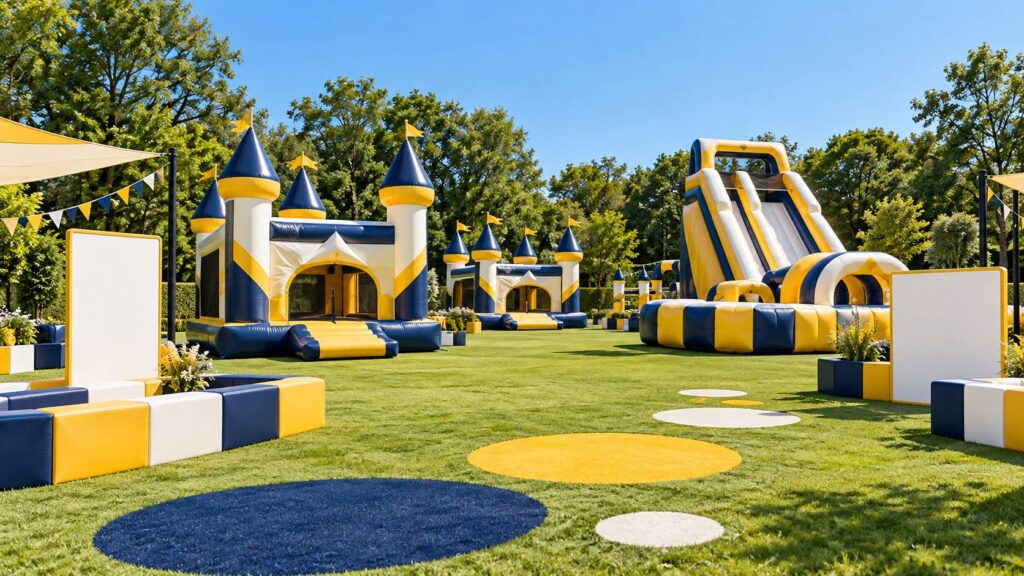 Chateaux gonflables colores et toboggan dans un parc de loisirs familial