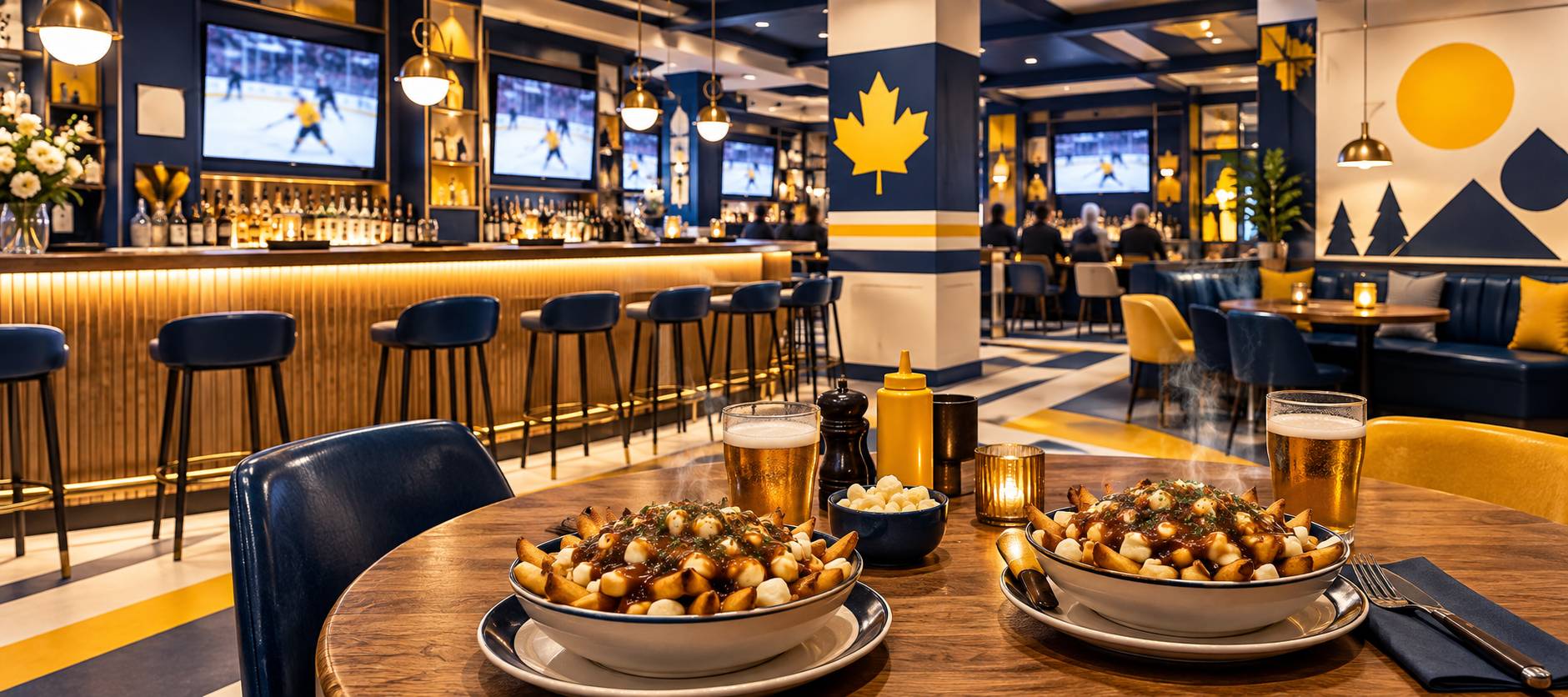 Illustration éditoriale du sujet : The Moose : Découvrez le pub canadien où les poutines maison règnent en maître