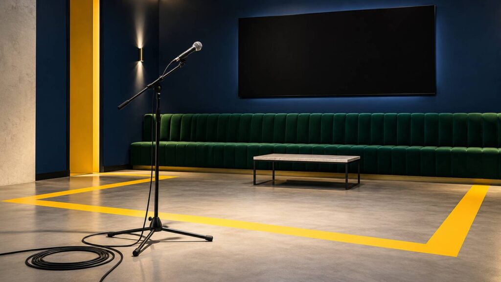 Micro sur pied et banquette dans une salle de chant privée éclairée de bleu et jaune