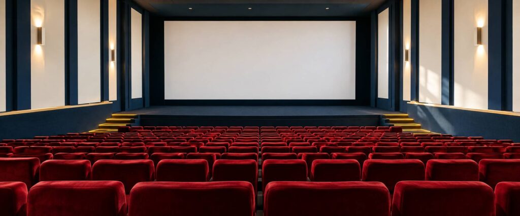 Salle de cinéma vide avec rangées de fauteuils en velours et écran éteint