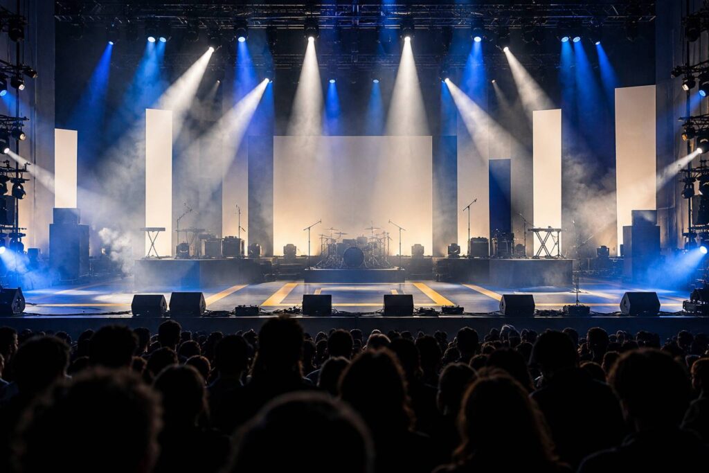Scène de concert avec faisceaux de projecteurs dans la fumée et foule de dos en silhouette